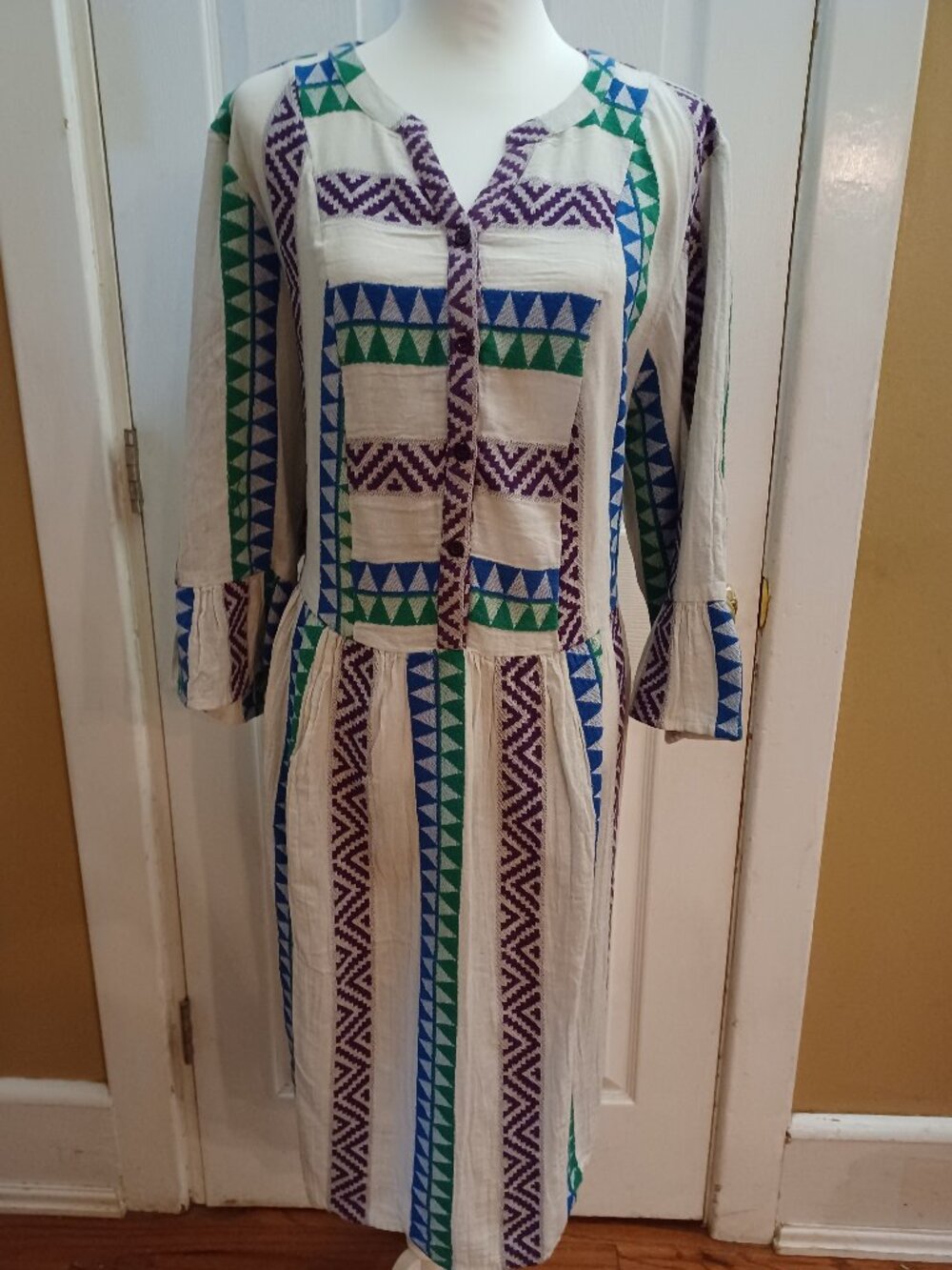 Ulla Popken 100% Cotton Geometric Boho Peasant Dress Size 16/18 Comfort Festival
